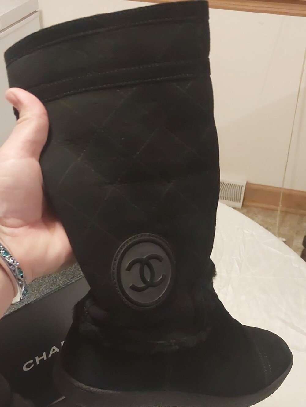 CHANEL Black Suede Mid-Calf Fleece Lined Boots Authentic